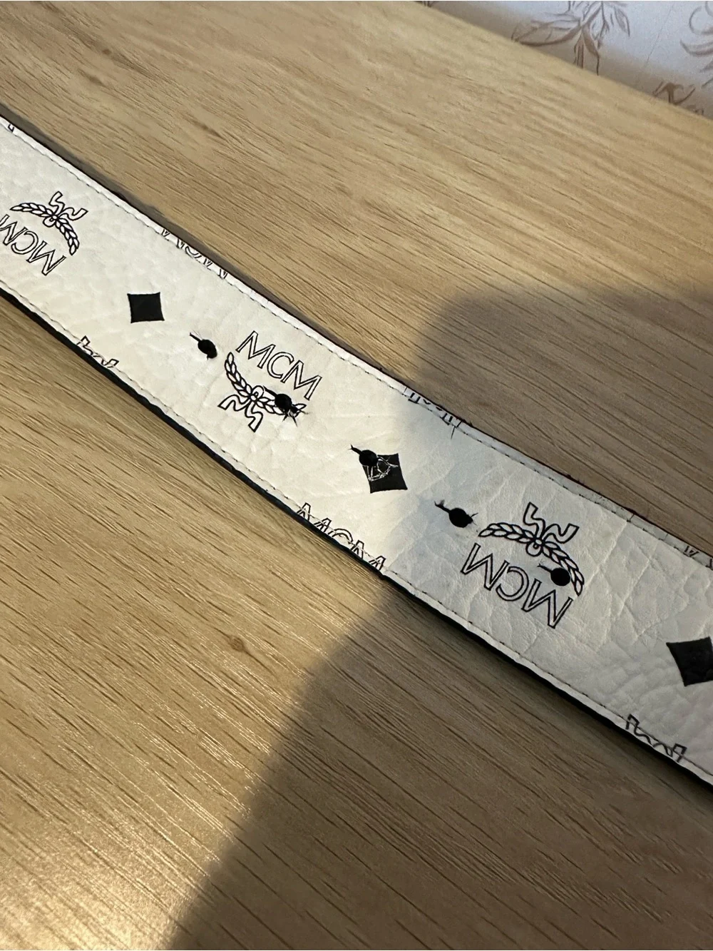 Authentic MCM Silver Buckle Claus Reversible Leather Belt White 114/45